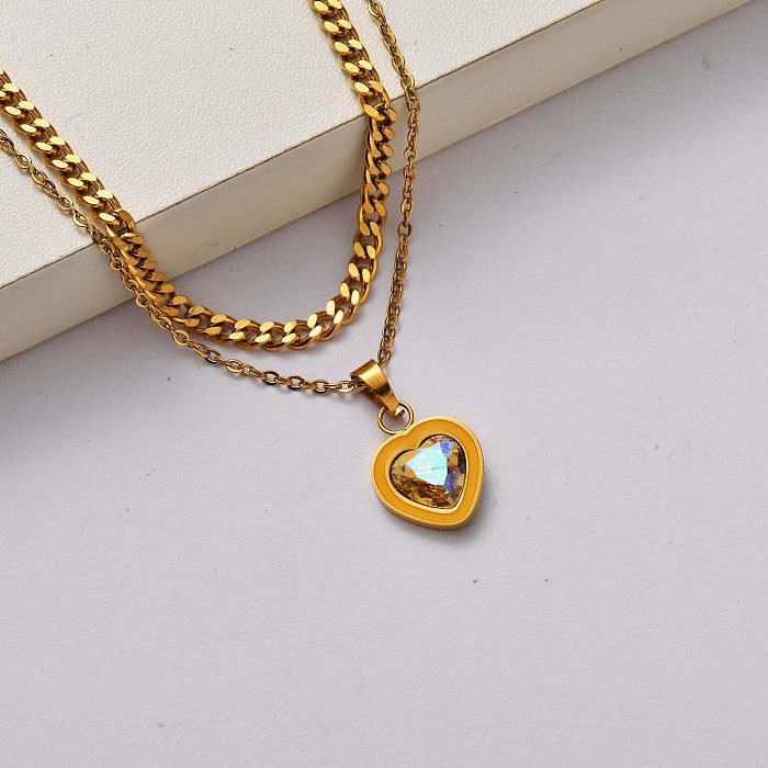 Colar de aço inoxidável banhado a ouro 18k em cristal coração da moda-SSNEG142-34749