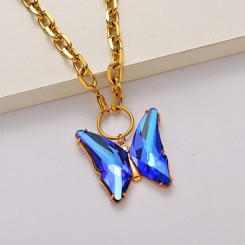 Halskette aus Edelstahl mit Schmetterlingskristall 18k vergoldet-SSNEG142-34798