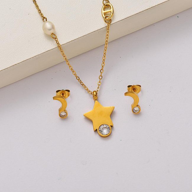 Conjuntos de joyas de acero inoxidable chapado en oro de 18 quilates con perlas de cristal de estrella y luna-SSCSG142-34799