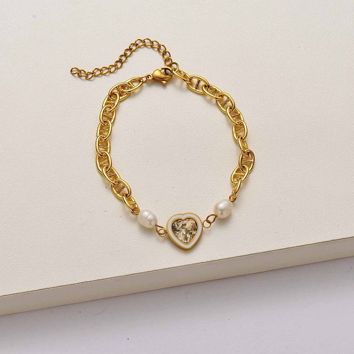 Pulsera de acero inoxidable chapado en oro de 18 quilates con perlas de corazón-SSBTG142-34722