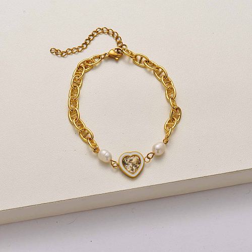 Heart pearl 18k gold plated stainless steel bracelet-SSBTG142-34722
