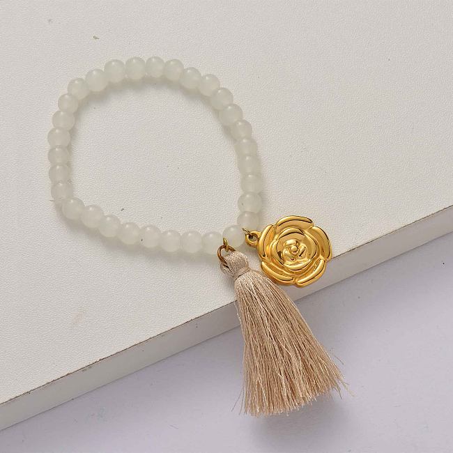 Rose tassel elasticated beaded bracelet-SSBTG142-34656