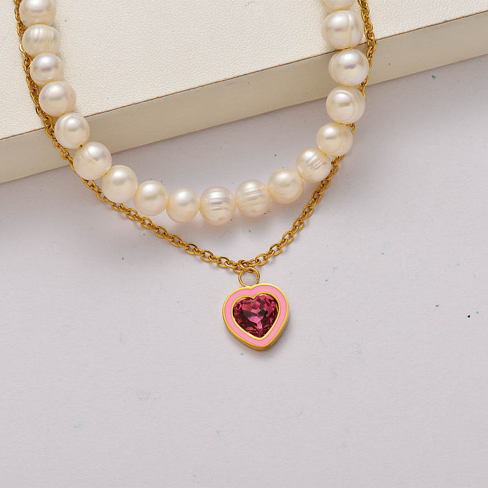 Collar de acero inoxidable chapado en oro de 18 quilates con perlas de agua dulce de cristal de corazón de moda-SSNEG142-34792