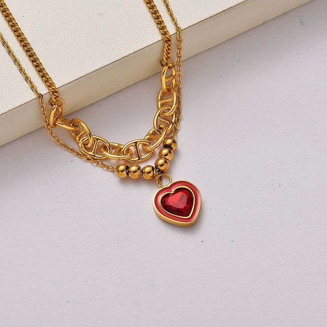Fashion Heart Kristall Halskette aus 18 Karat vergoldetem Edelstahl-SSNEG142-34741