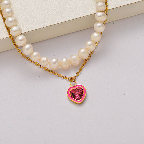Fashion heart crystal fresh water pearl 18k gold plated stainless steel necklace-SSNEG142-34791