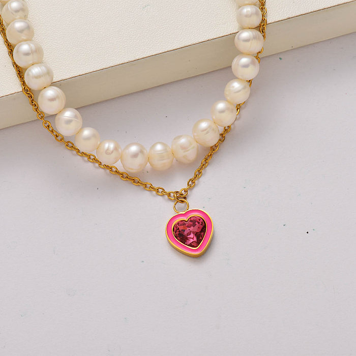 Collar de acero inoxidable chapado en oro de 18 quilates con perlas de agua dulce de cristal de corazón de moda-SSNEG142-34791