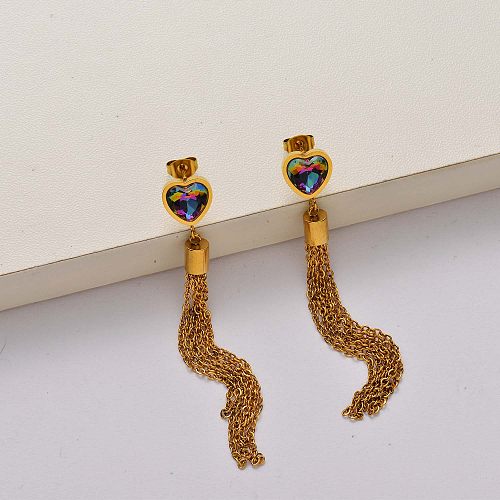 Heart crystal tassel 18k gold plated stainless steel earrings-SSEGG142-34819
