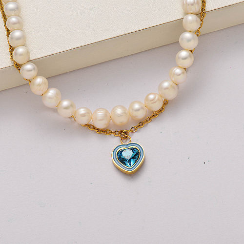Collar de acero inoxidable chapado en oro de 18 quilates con perlas de agua dulce de cristal de corazón de moda-SSNEG142-34790