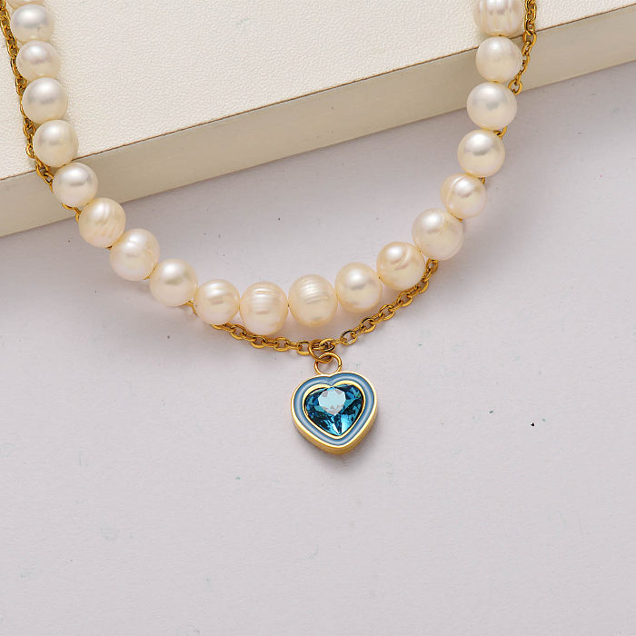 Collar de acero inoxidable chapado en oro de 18 quilates con perlas de agua dulce de cristal de corazón de moda-SSNEG142-34790