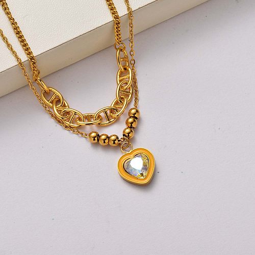 Colar de aço inoxidável banhado a ouro 18k em cristal coração da moda-SSNEG142-34739