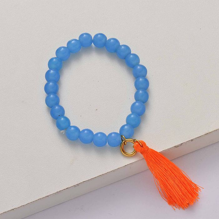 Bracelet de perles élastiqué bleu pompon-SSBTG142-34651