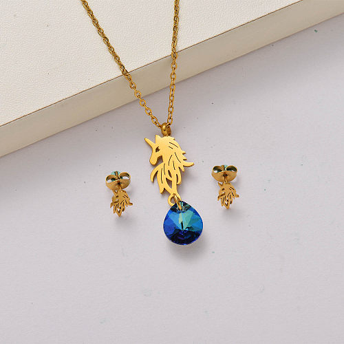 Unicorn crystal 18k gold plated stainless steel jewelry sets-SSCSG142-34804