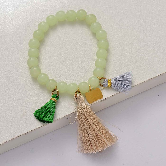 Tassel green elasticated beaded bracelet-SSBTG142-34657