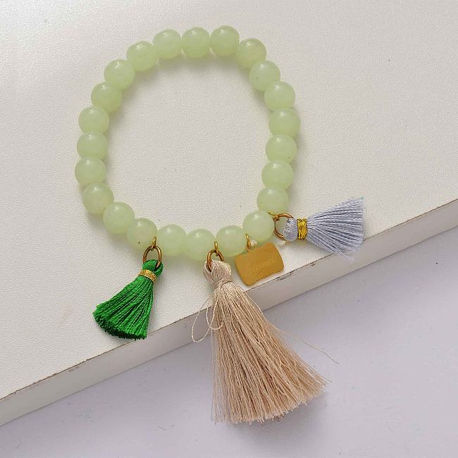 Bracelet de perles élastiquées vert pompon-SSBTG142-34657