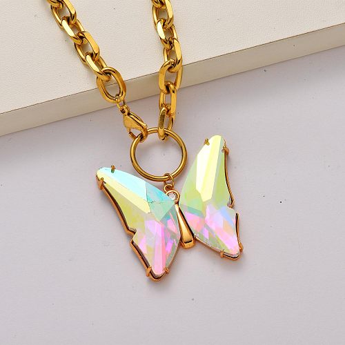 Butterfly crystal 18k gold plated stainless steel necklace-SSNEG142-34797