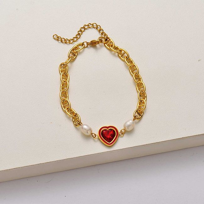 Pulsera de acero inoxidable chapado en oro de 18 quilates con perlas de corazón-SSBTG142-34721