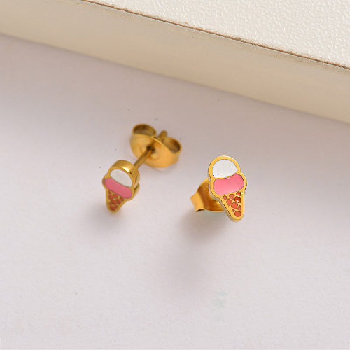 Pendientes de botón con forma de helado para niña chapada en oro de 18k -SSEGG143-35122