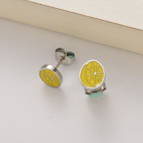 stainless steel fruit lemon stud earrings for girls -SSEGG143-35241