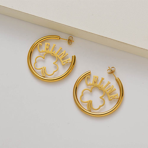 letter celine 18k gold plated clover hoop earrings -SSEGG143-35262