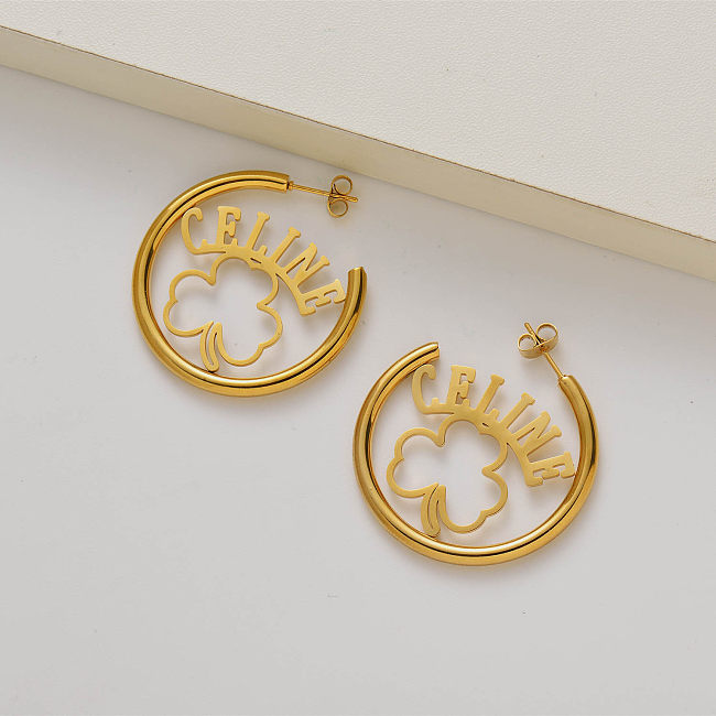 letter celine 18k gold plated clover hoop earrings -SSEGG143-35262