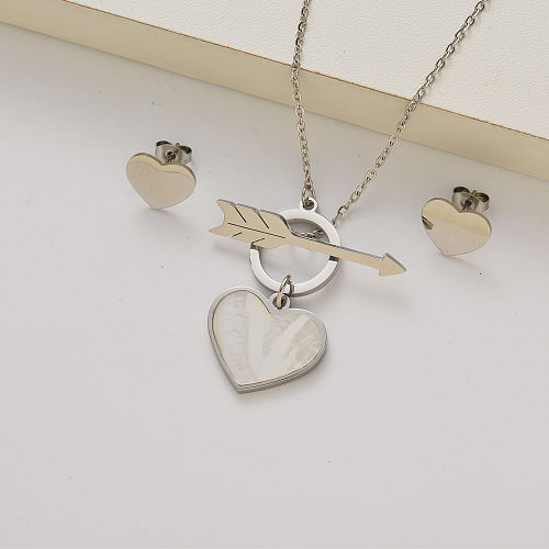 stainless steel mother pearl heart necklace set -SSCSG143-35263