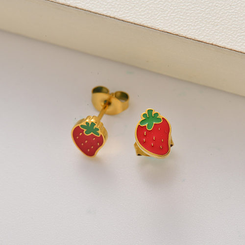 18k gold plated fruit strawberry stud earrings for little girls -SSEGG143-35234