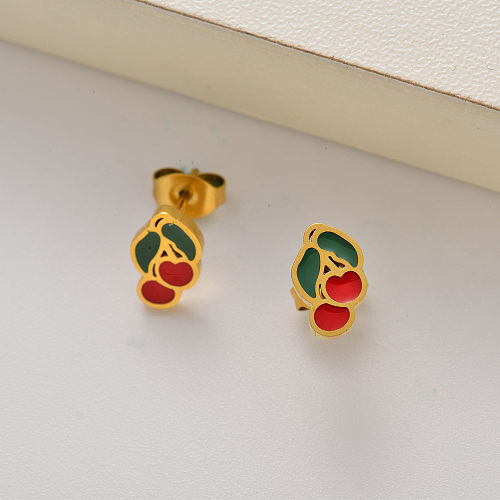 18k gold plated fruits cherry stud earrings for little girls -SSEGG143-35254