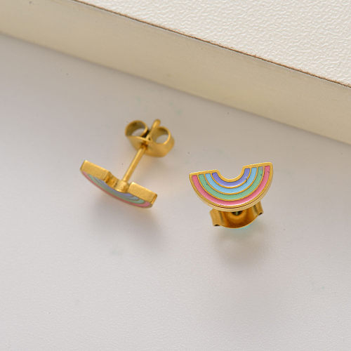 Pendientes de botón arcoíris para niñas chapados en oro de 18k -SSEGG143-35252