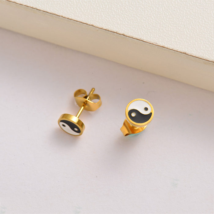 Pendientes de botón yinyang chapados en oro de 18k para niñas -SSEGG143-35131