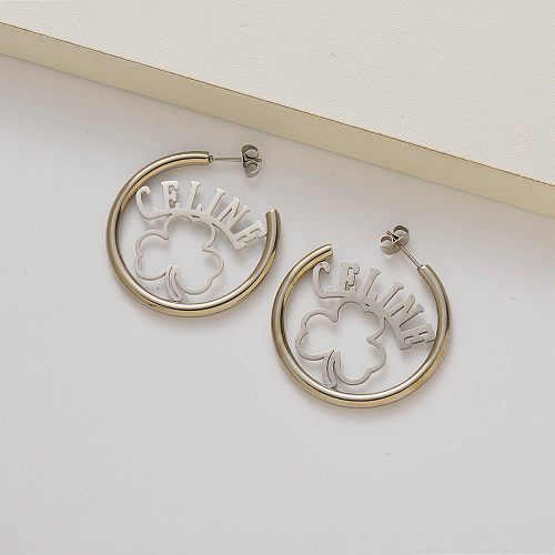 silver celine clover hoop earrings -SSEGG143-35261