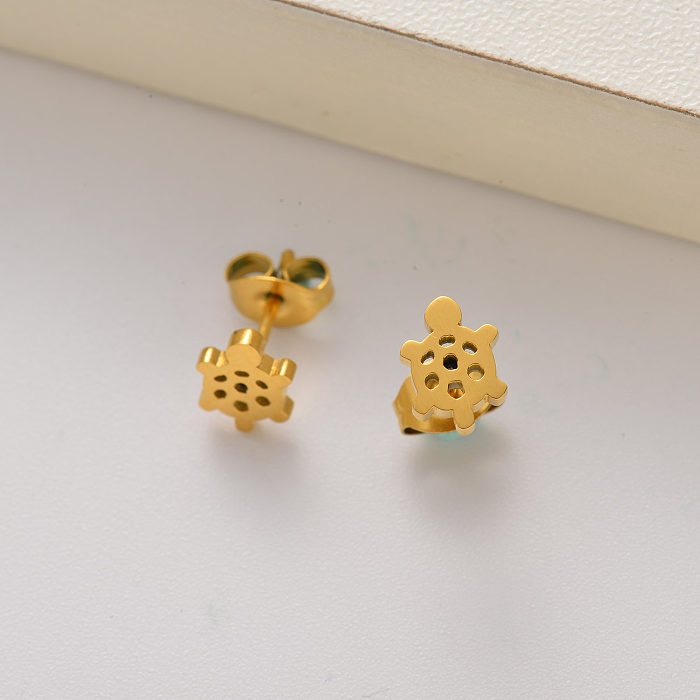 Pendientes de botón mini tortuga para mujer chapados en oro de 18k -SSEGG143-35179