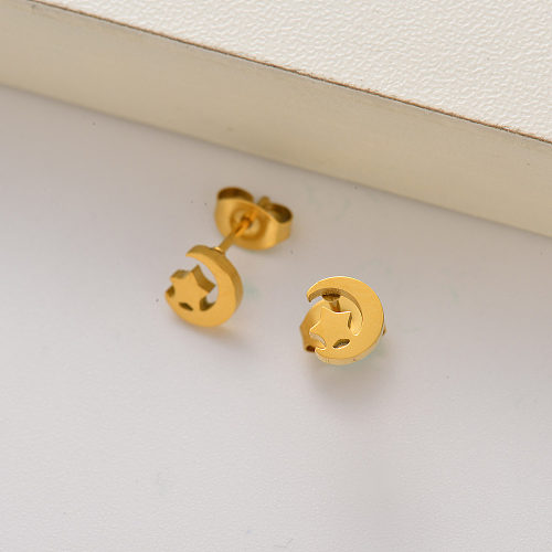 Pendientes de botón para niña con luna y estrella bañados en oro de 18k -SSEGG143-35187