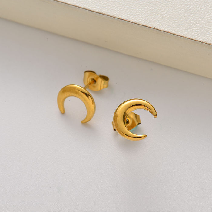 18k gold plated mini moon stud earrings for women -SSEGG143-35175
