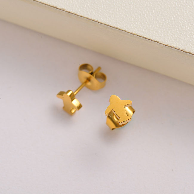 Pendientes de botón mini avión para mujer chapados en oro de 18k -SSEGG143-35142