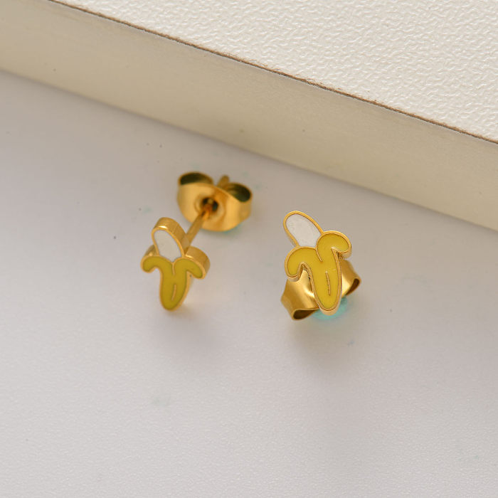 Pendientes de botón banana para niña chapada en oro de 18k -SSEGG143-35246