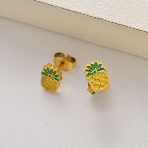 Pendientes de botón de piña con fruta chapada en oro de 18k para niñas -SSEGG143-35244