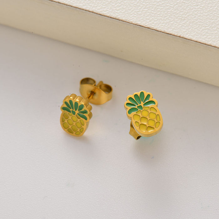 Brincos de pino de abacaxi folheados a ouro 18k para meninas -SSEGG143-35244
