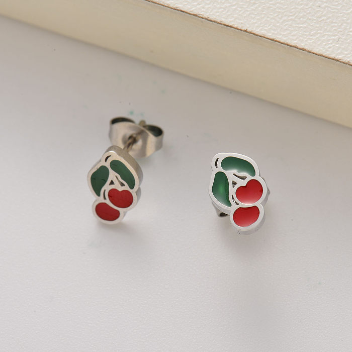 stainless steel fruit cherry stud earrings for girls -SSEGG143-35253