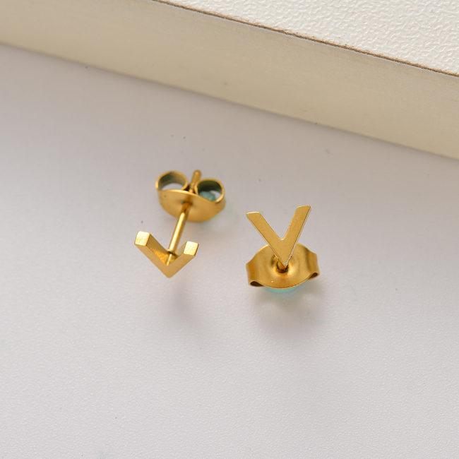 18k gold plated mini letter V stud earrings for women -SSEGG143-35173