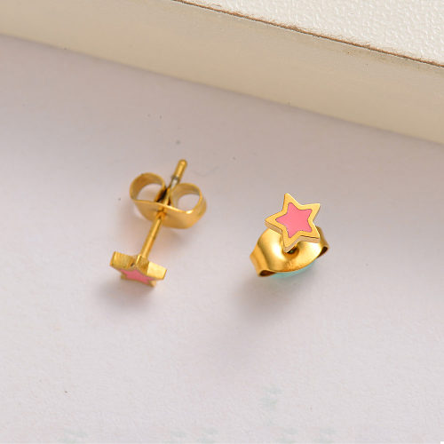 Aretes para niña pequeña estrella rosa bañados en oro de 18k -SSEGG143-35119