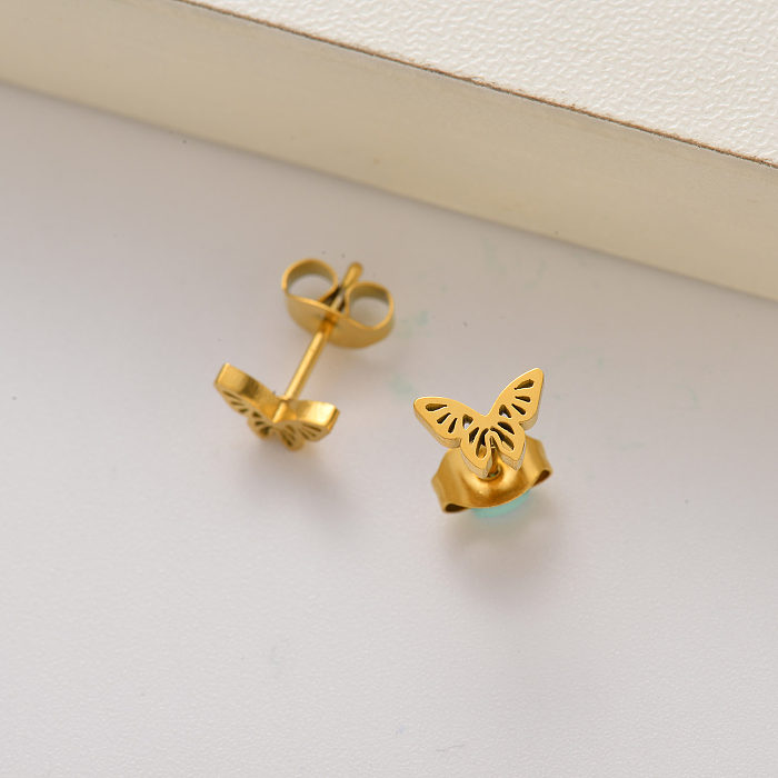 Pendientes de botón mariposa para niñas chapados en oro 18k -SSEGG143-35193