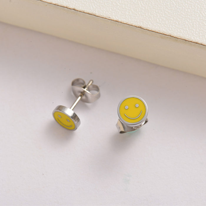 stainless steel yellow smiley face stud earrings for lady -SSEGG143-35124