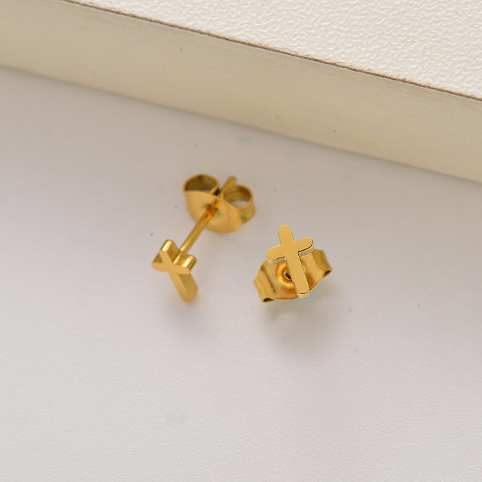 18k gold plated cross stud earrings for little girls -SSEGG143-35220