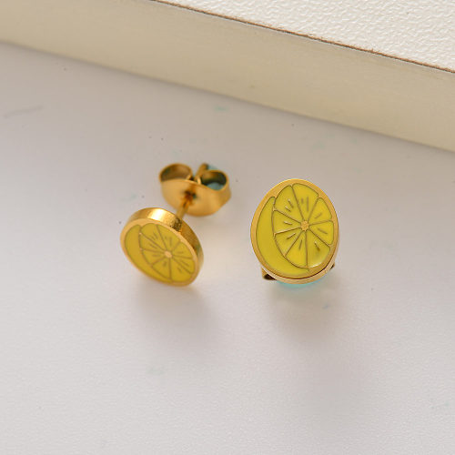 Pendientes de botón fruta limón chapados en oro 18k para niña -SSEGG143-35242