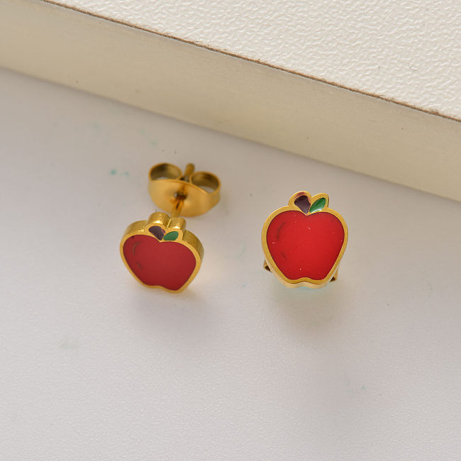 Pendientes de botón de manzana con frutas chapados en oro 18k para niña -SSEGG143-35256
