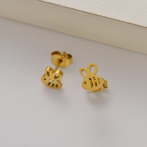 Pendientes de botón mini abeja para mujer chapados en oro de 18k -SSEGG143-35163