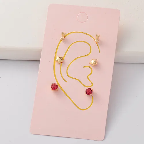Oro Laminado Cartilage cubic zircon tiny Bone Garnet Star earring Sets -BREGG143-35274