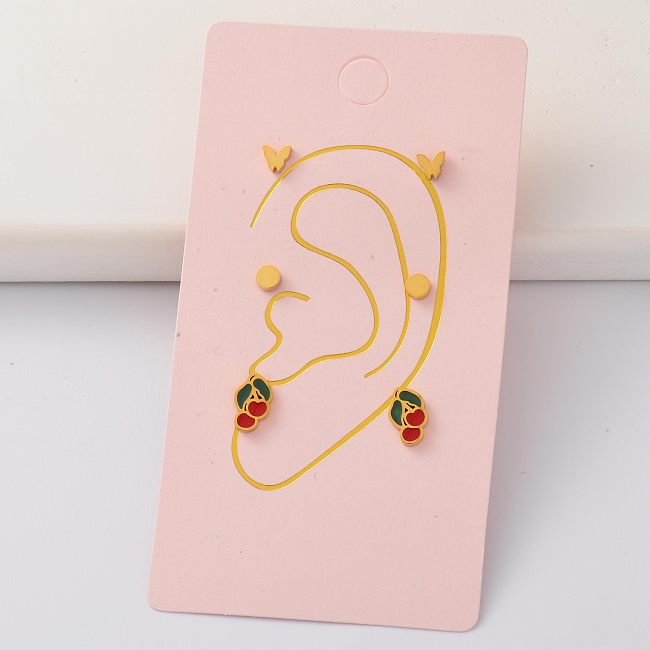 Acero Inoxidable Cherry Butterfly Edelstahl 18k vergoldet Tiny Earring Sets -SSEGG143-35318