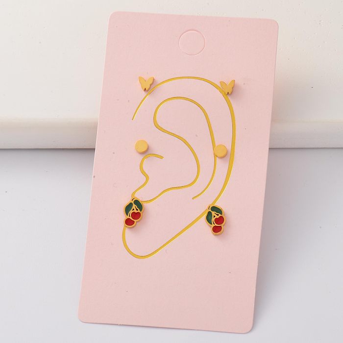 Acero Inoxidable Cherry Butterfly Edelstahl 18k vergoldet Tiny Earring Sets -SSEGG143-35318