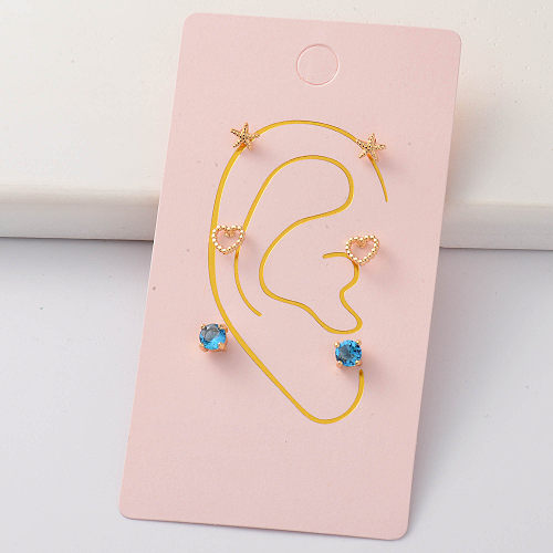 Oro Laminado Cartilage cubic zircon tiny Heart Starfish earring Sets -BREGG143-35276